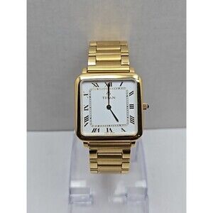 Titan Quartz Gold Tone Square Watch White 29mm Roman Bracelet New Battery 510YAC